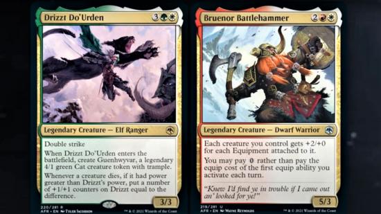 Snapshot from Wizards of the Coast's Legend of Drizzt livestream showing the standard edition Magic: The Gathering cards for Drizzt Do'Urden and Bruenor Battlehammer