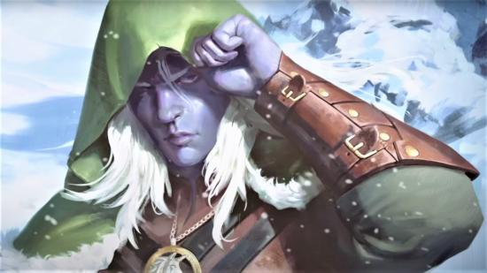 A snapshot from the D&D animated short titled Sleep Sound, showing Drizzt Do'Urden in the snow wearing a hood