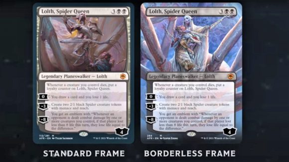 Snapshot from Wizards of the Coast's Legend of Drizzt livestream showing the standard and borderless edition Magic The Gathering cards for Lolth, Spider Queen