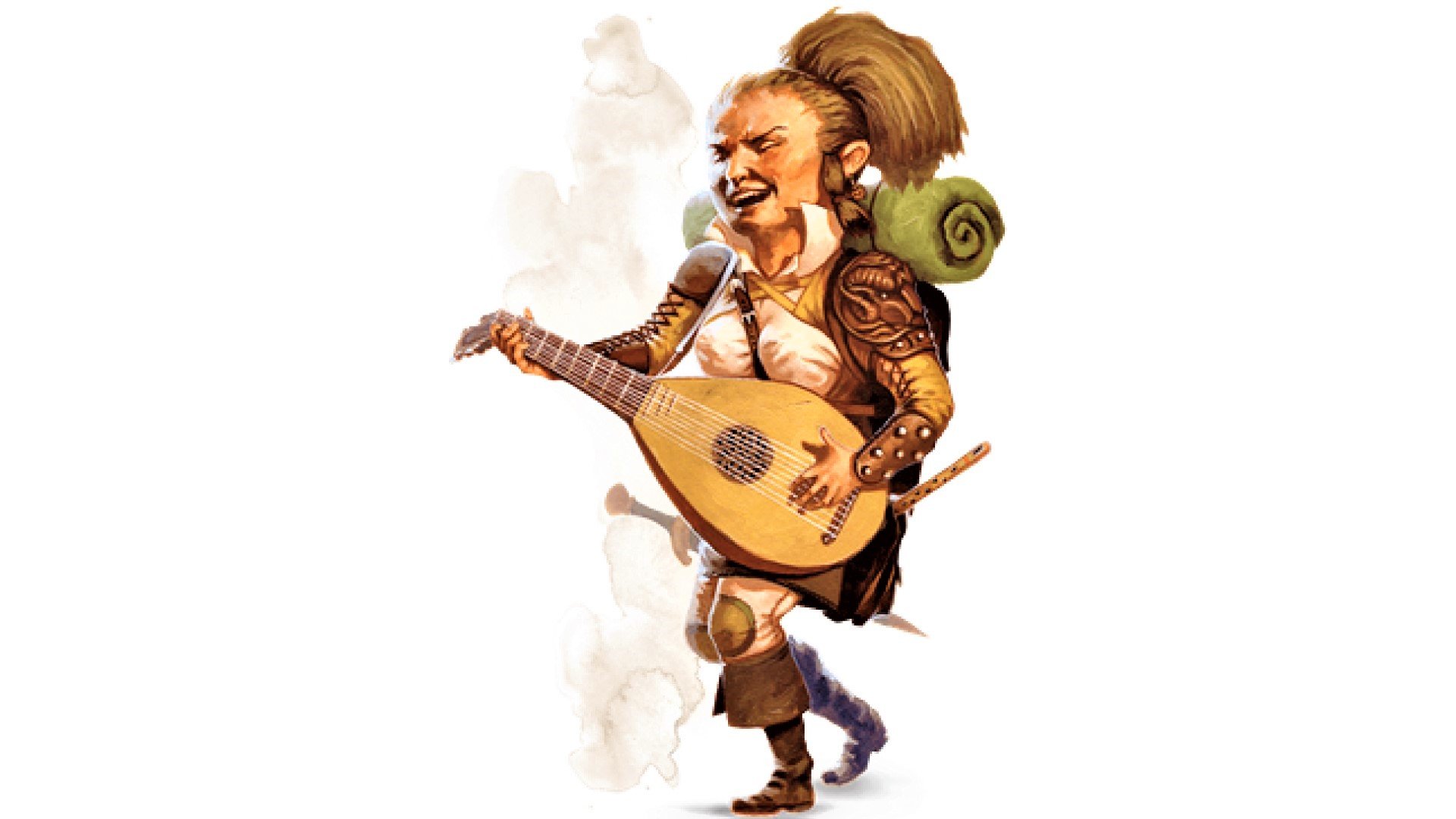 DnD Bard 5e - D&D artwork showing a halfling character playing a lute with a pack on their back