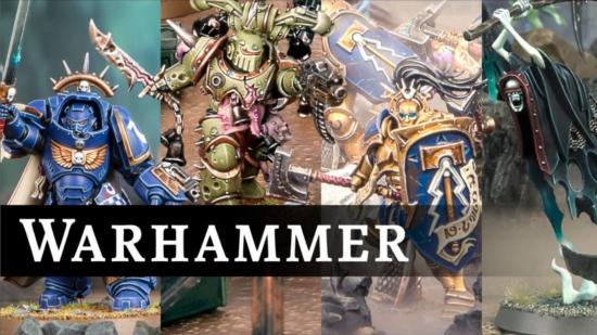 A Games Workshop Warhammer brand graphic showing photos of warhammer minis including a plague marine, ultramarine and a Nighthaunt model