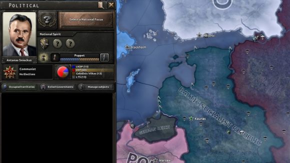 A screenshot of the new Hearts of Iron 4 update showing the Baltic Socialist Republic on the game map