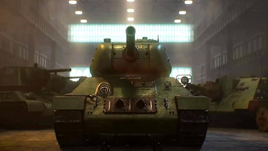 A Soviet-era tank in Hearts of Iron 4 sitting stationary in a manufacturing plant