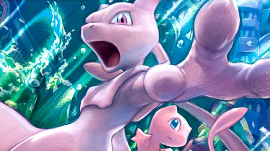 Mew and Mewtwo, a pair of the most powerful pokemon, leaping into the air, while bright light shines around them