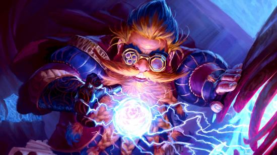 MTG Arena codes a dwarf mage from Magic: The Gathering Arena forming a magical ball of lightning in his hands