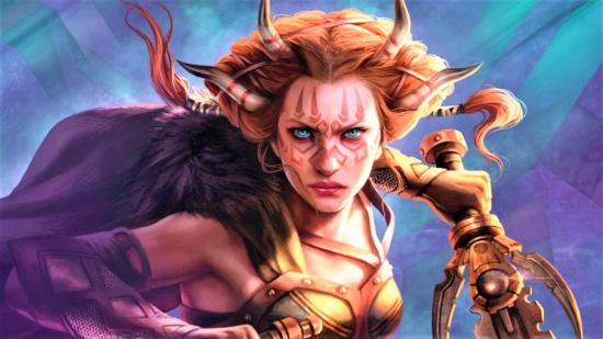 Magic: The Gathering artwork showing a female character centre frame armed with a sword