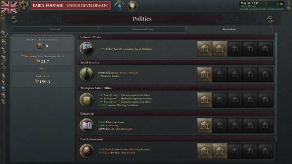 The politics panel in Victoria 3, listing the various institutions and laws you can enact