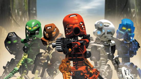 Bionicle models standing in a line, used as inspiration for a Warhammer 40k tabletop wargame