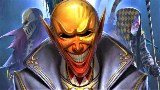 Warhammer 40k artwork showing the mask of Cegorach, the laughing god of the Harlequins