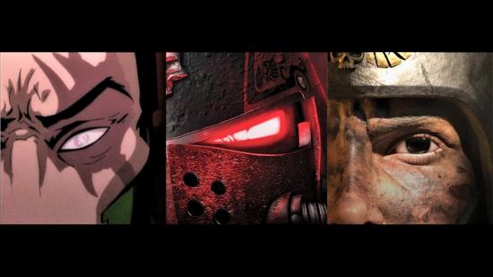 A Warhammer Community artwork for the Warhammer Animation preview stream, showing a Guard soldier, a Blood Angel Space Marine, and a human face