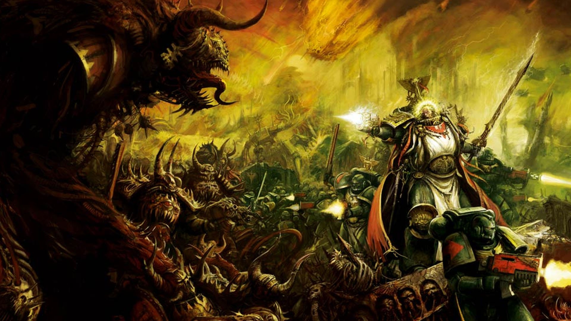 Warhammer 40k Dark Angels - Games Workshop artwork showing Dark Angels Space Marines fighting Chaos