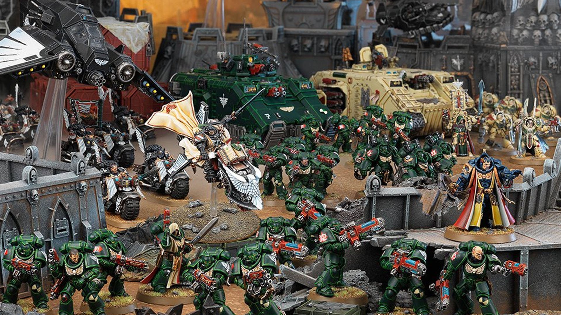 Warhammer 40k Dark Angels Space Marine army on display with painted models (photo from Games Workshop)