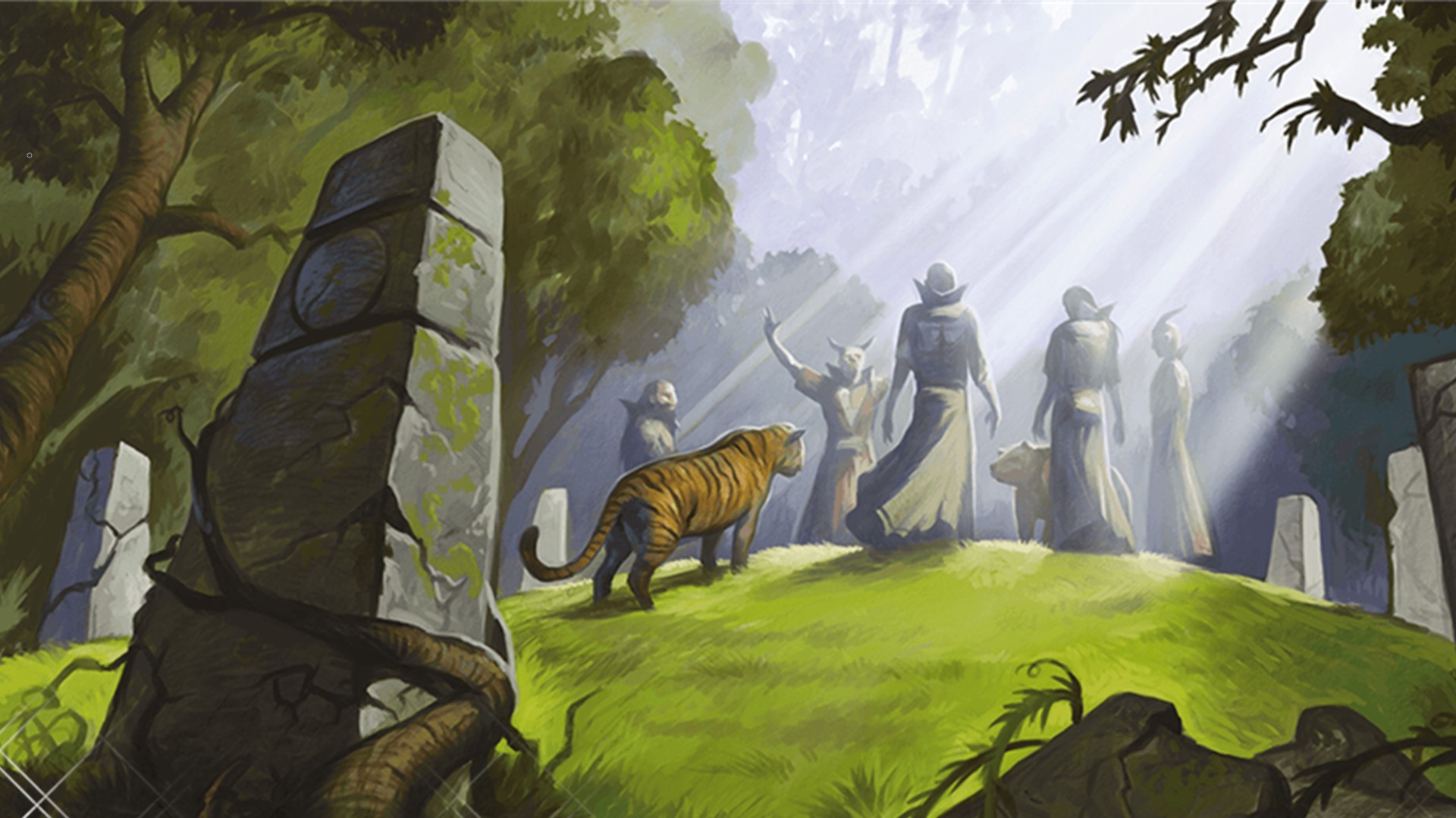 DnD Druid 5E - Wizards of the Coast artwork showing a druid circle on a hill with a tiger