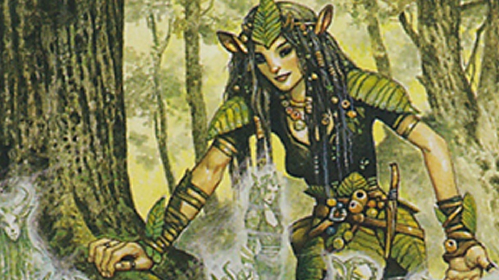 DnD Druid 5E - Wizards of the Coast artwork showing an elf druid running through a forest
