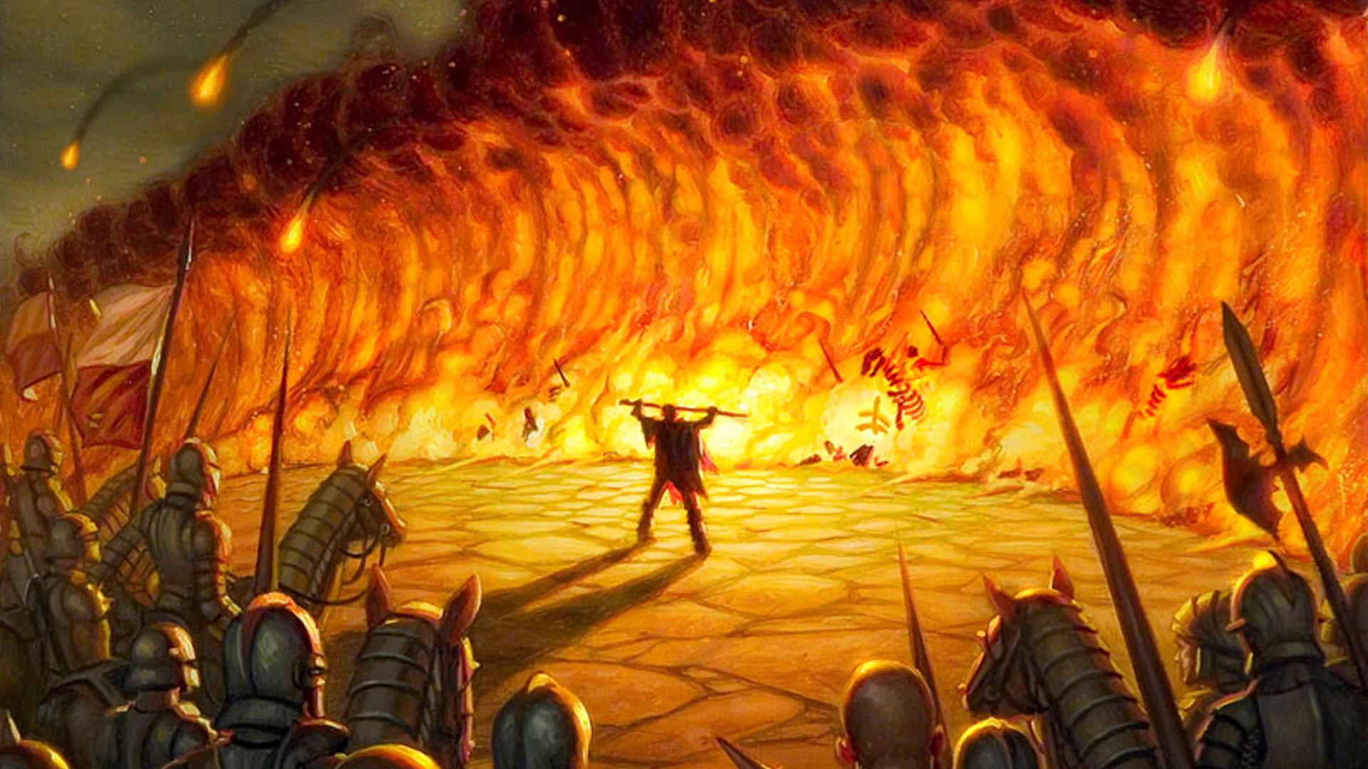 DnD Druid 5E - Wizards of the Coast artwork showing the D&D spell Wall of Fire burning an army to cinders