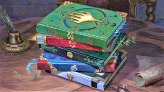 D&D books - Wizards artwork showing a stack of spellbooks in MTG's Strixhaven setting