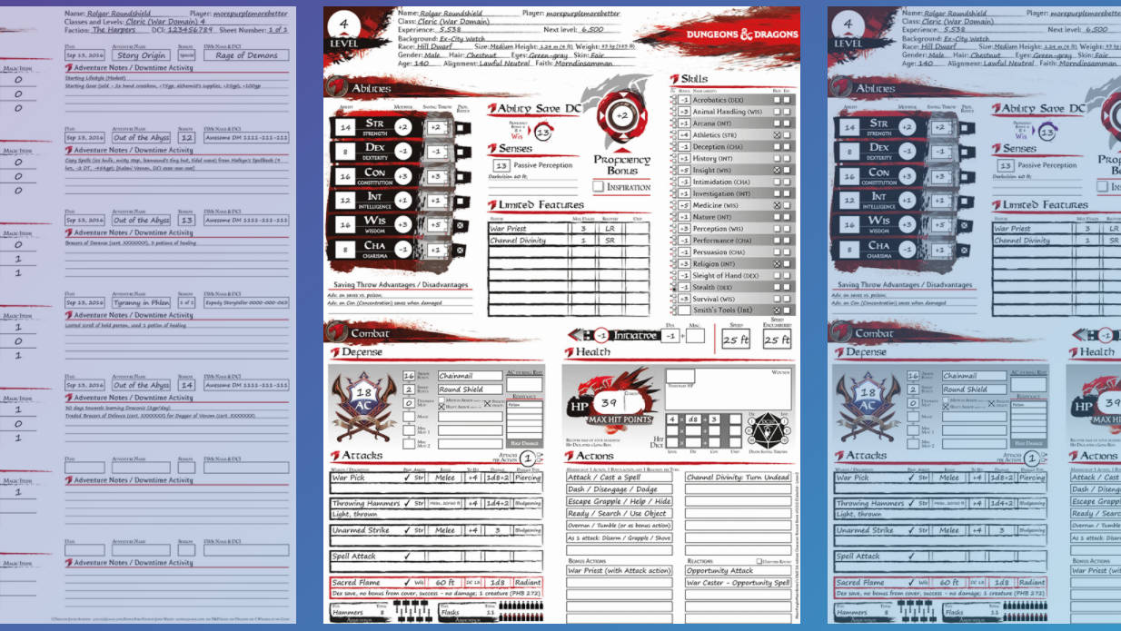 DnD character sheets - screenshot of an advanced D&D character sheet