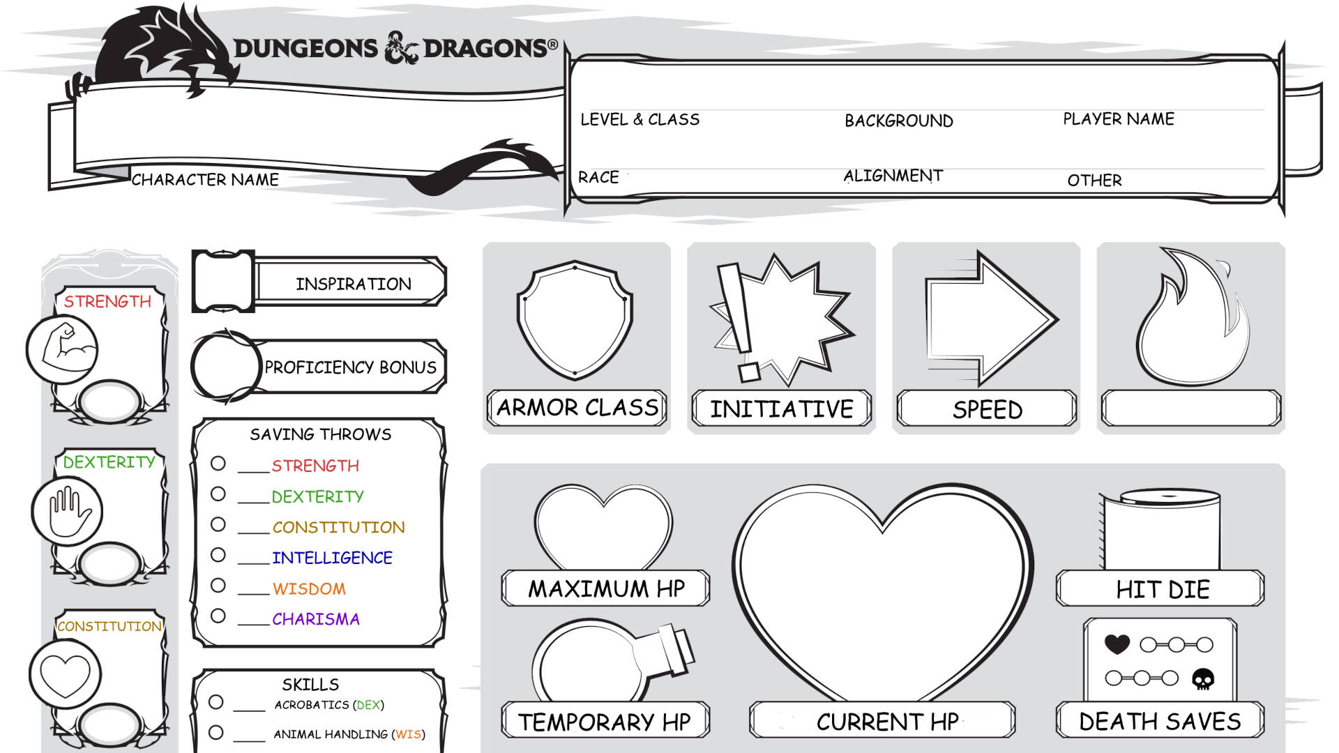 DnD character sheets - screenshot of a dyslexic friendly D&D character sheet