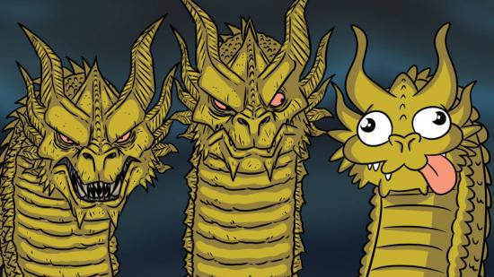 A three-headed dragon D&D meme, with two head drawn in a detailed style, while the other illustrated cartoonishly