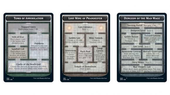 DnD MTG Adventures in the Forgotten realms Dungeon cards showing their branching pathways and abilities