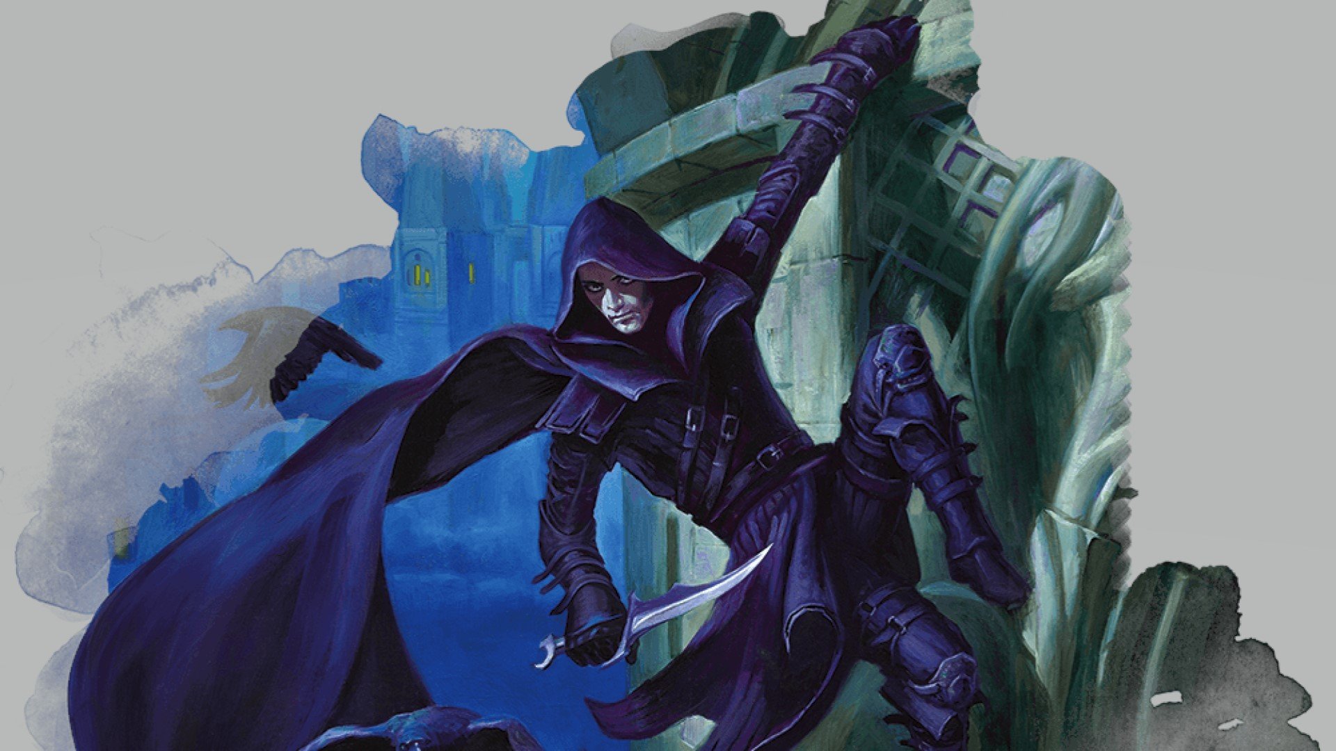 DnD Rogue 5e - Wizards of the Coast artwork showing a cloaked assassin hanging off a castle wall