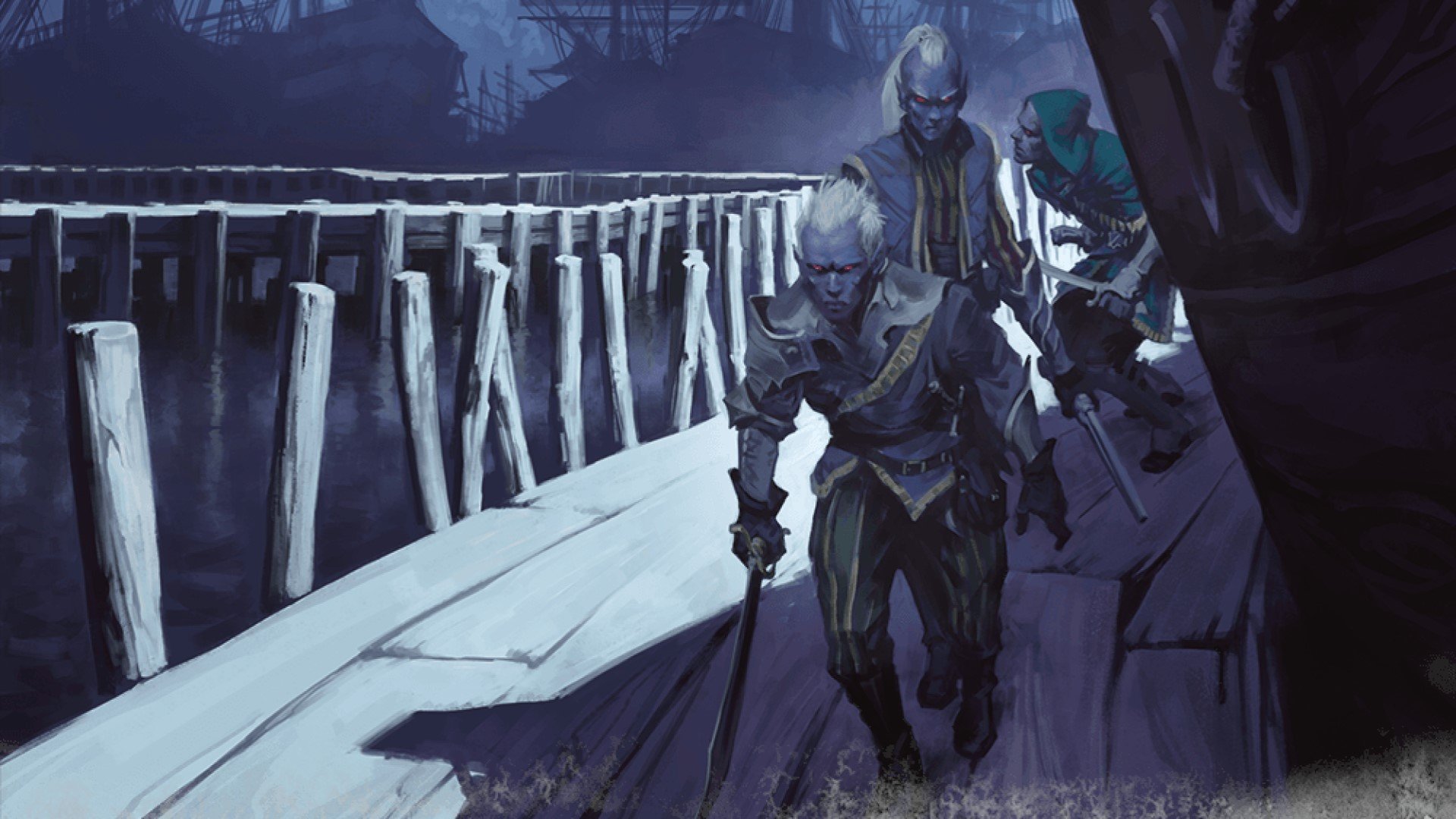DnD Rogue 5E - Wizards of the Coast artwork showing drow rogues sneaking along a boardwalk