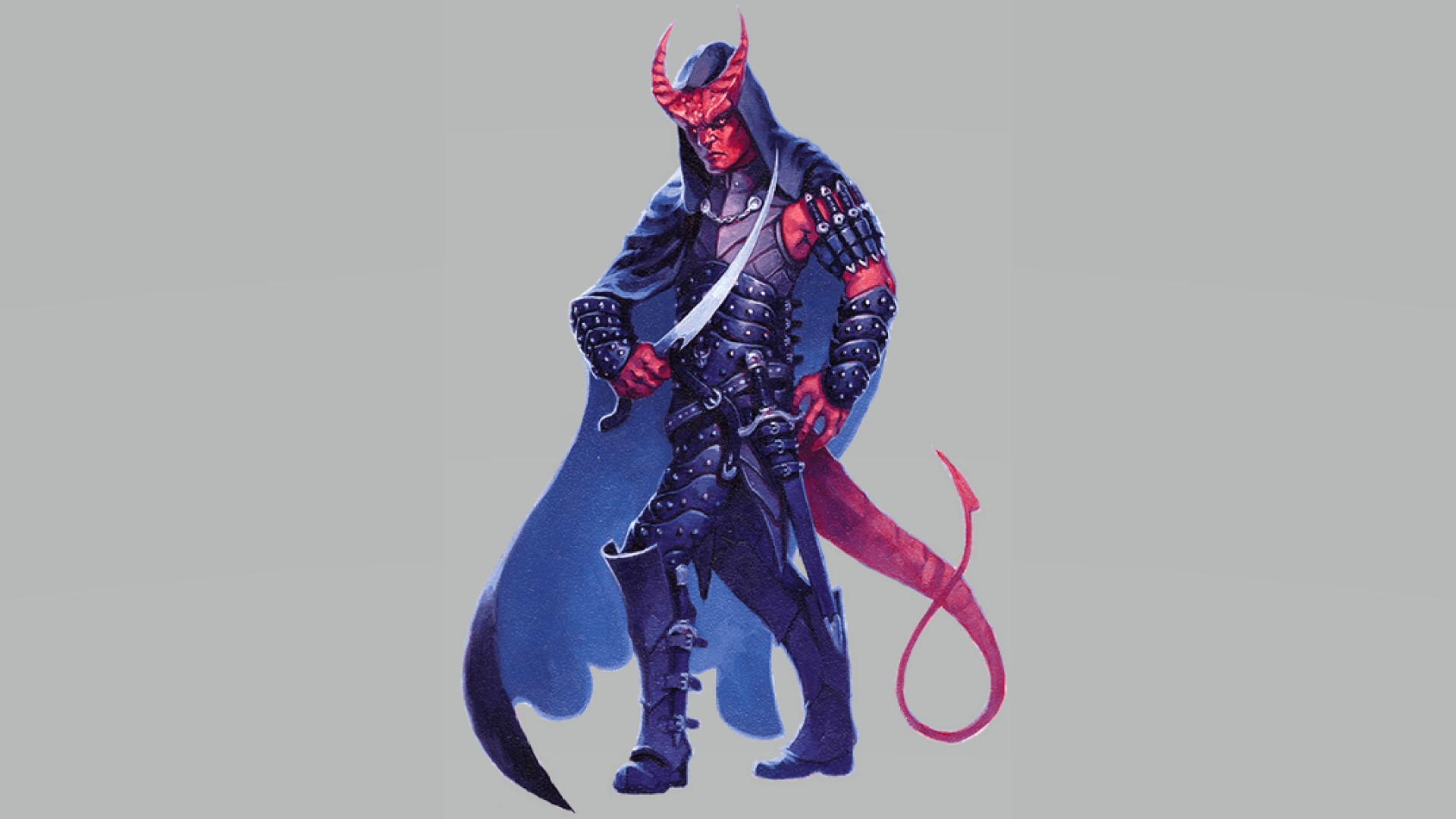 Wizards of the Coast artwork showing a Tiefling DnD Rogue 5e in purple armour with a dagger