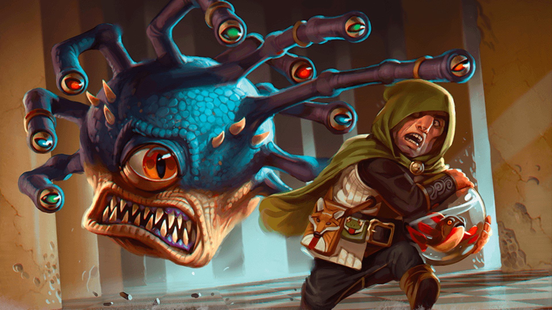 DnD Rogue 5e - Wizards of the Coast artwork showing a gnome thief running away from Xanathar the beholder