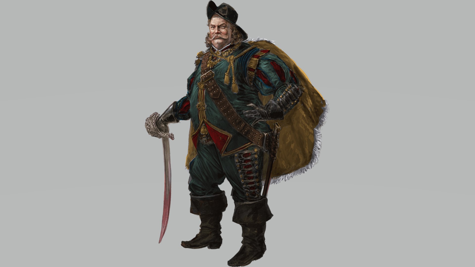 DnD Rogue 5e - Wizards of the Coast artwork showing a human male rogue swashbuckler with a sabre and a great big bushy beard