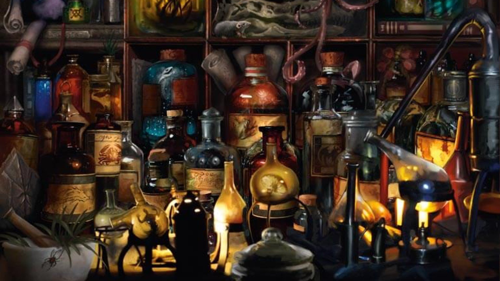 DnD Rogue 5e - Wizards of the Coast artwork showing a collection of potions, poisons, bottles and magical equipment