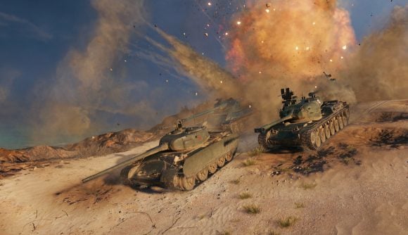Free war games: World of Tanks. Image shows tanks trundling along in a desert.