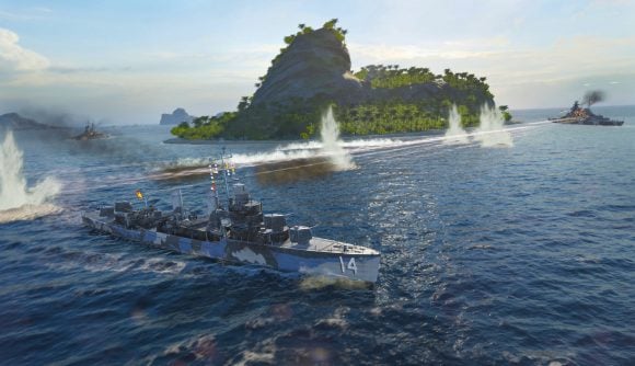 Free war games: World of Warships. Image shows ships at battle on the sea.
