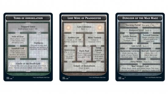 MTG Adventures in the Forgotten Realms Dungeon cards showing their branching paths