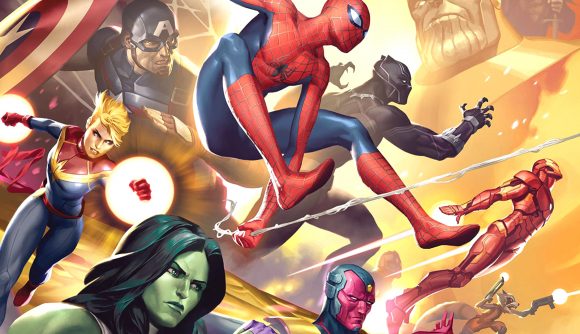 Best trading card games guide - Marvel Champions artwork showing an advancing line of Marvel superheroes, with Spiderman in the center
