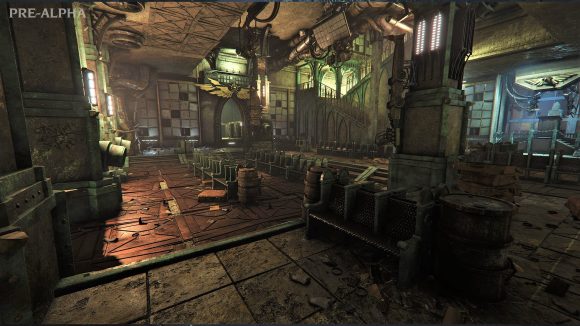 Warhammer 40K Darktide screenshot showing a scrap-built church to the Emperor, in the interior of a building in hive Tertium