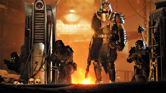 Warhammer 40K Darktide screenshot showing a traitor guardsman leader with a spiked helm