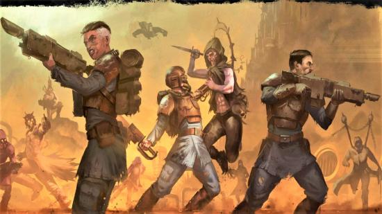 Cover art for the Warhammer 40K Wrath & Glory adventure book The Bloody Gates,. showing guardsmen fighting cultists