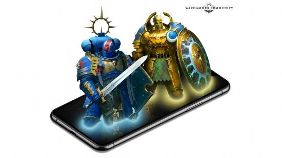 Warhammer Community graphic showing a space marine an a stormcast eternal rising out of a mobile phone screen