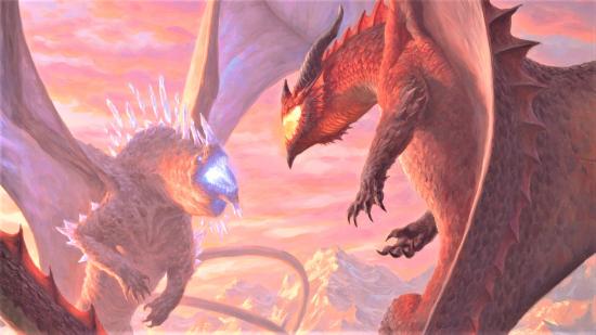 D&D 5E book Fizban's Treasury of Dragons reveal book cover artwork showing two dragons