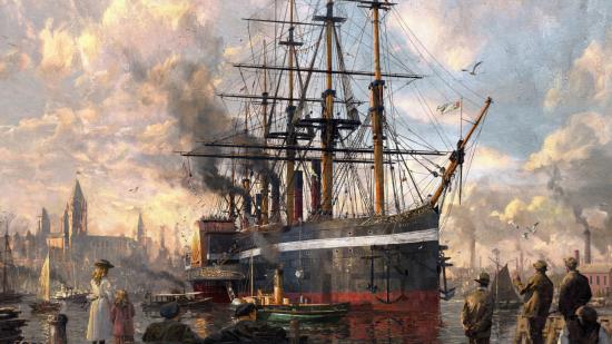 Anno 1800 board game cover art featuring a large sailing ship