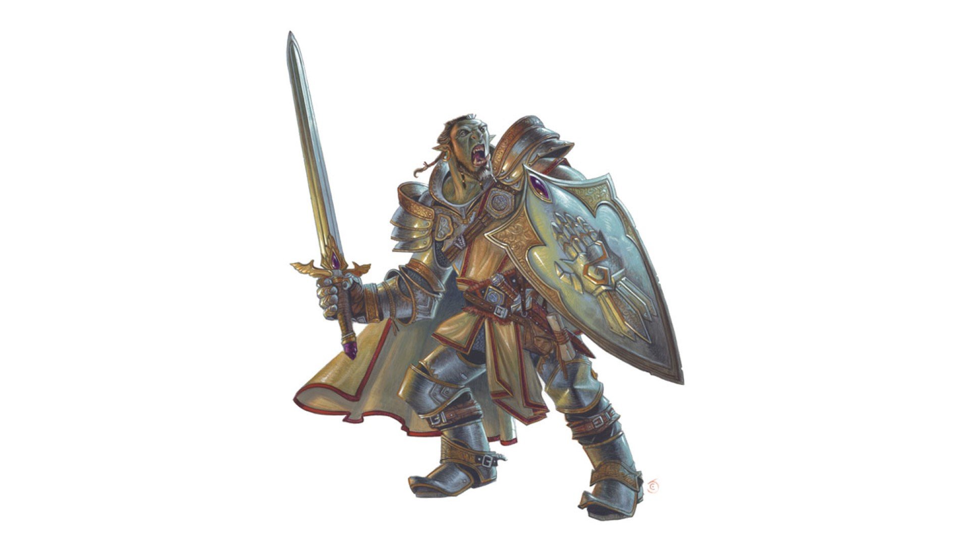DnD Barbarian 5E class guide - Wizards of the Coast artwork showing a half-orc wearing full plat with a sword and shield