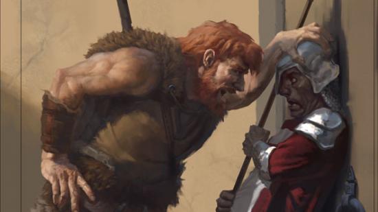 D&D Barbarian 5E class guide Wizards artwork showing a human barbarian intimidating a guard