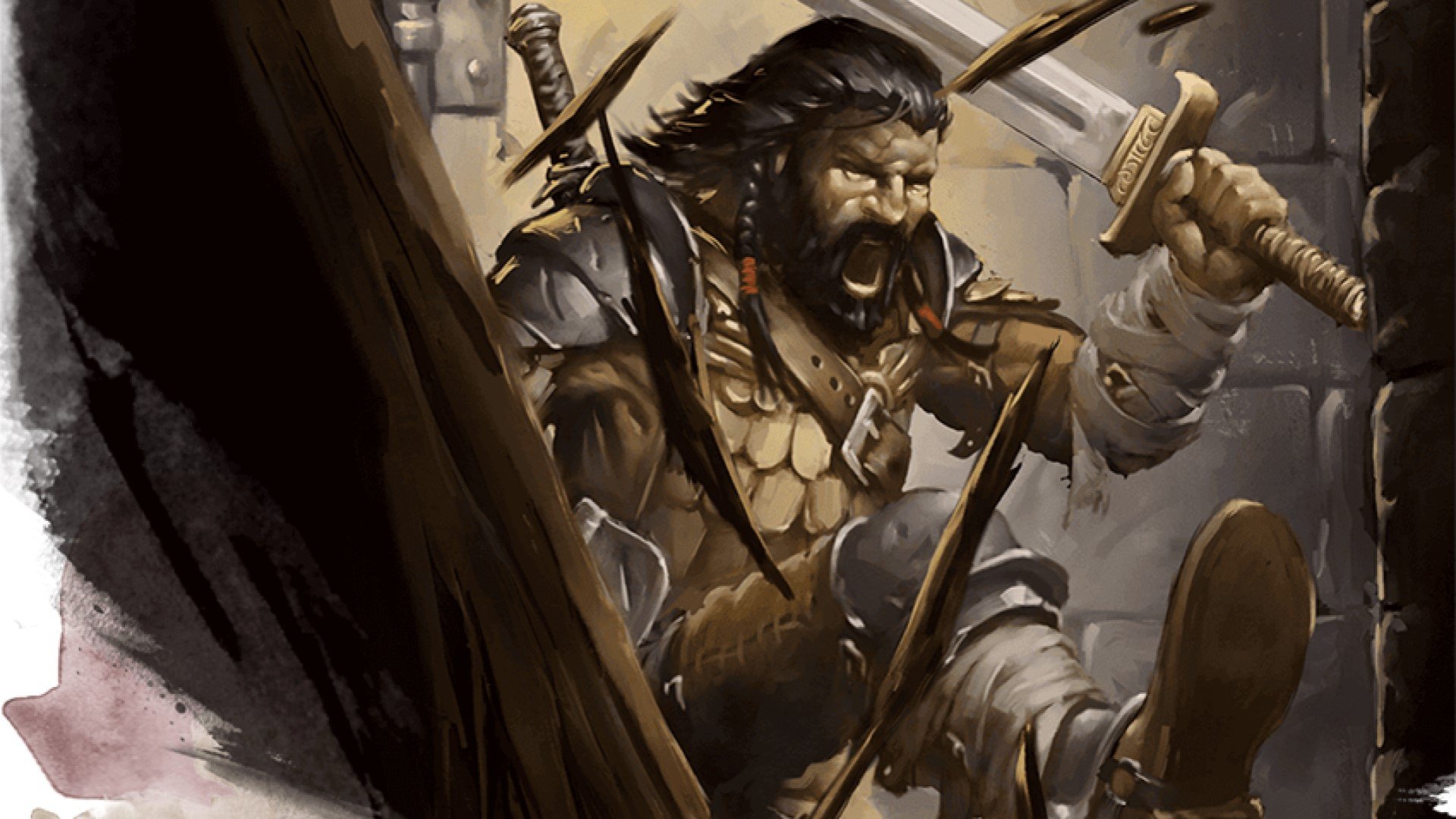 DnD Barbarian 5E class guide - Wizards of the Coast artwork showing a human barbarian kicking in a door