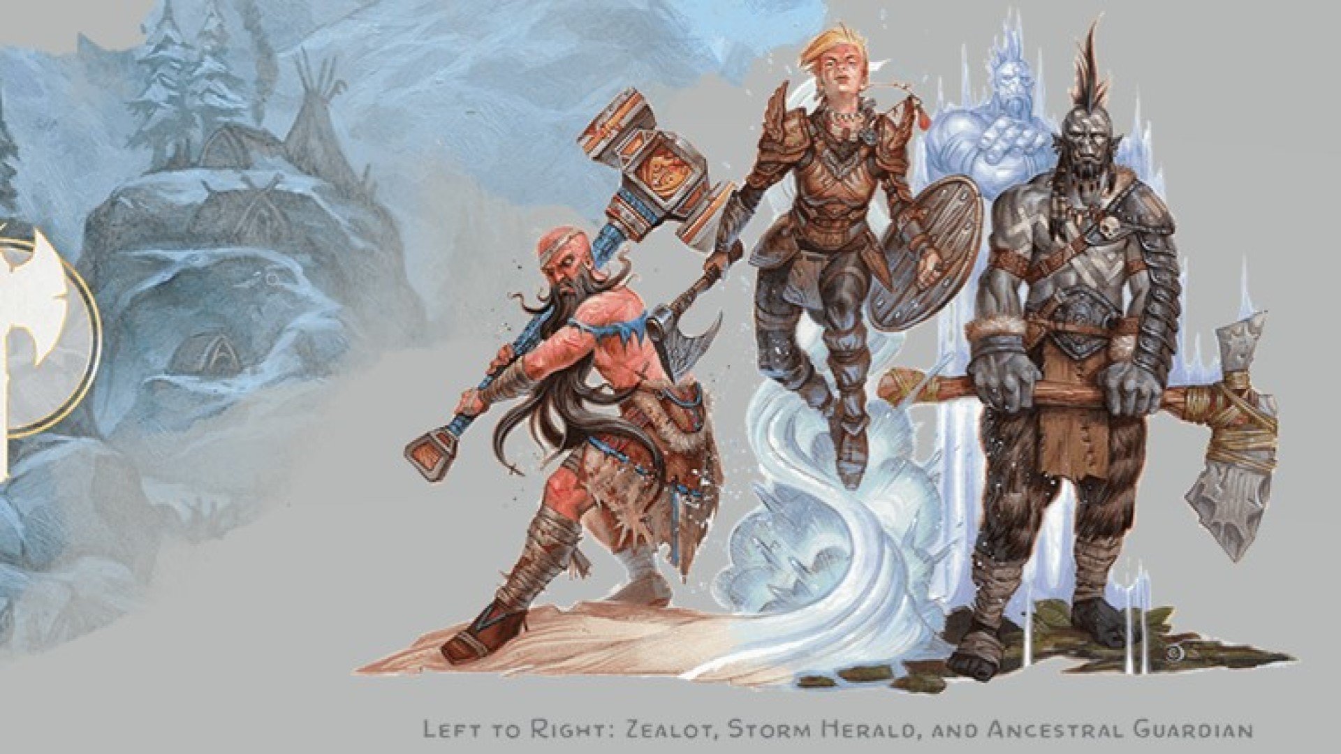 DnD Barbarian 5E class guide - Wizards of the Coast artwork showing barbarians from three primal paths