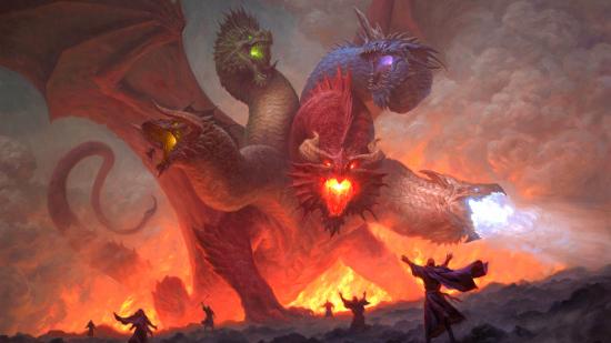 DnD dragons Tiamat, a multi-headed dragon, breathing fire and surrounded by worshippers