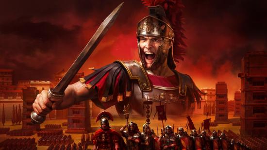 Rome: Total War board game a Roman legionary holding his sword and shouting
