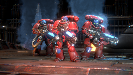 Warhammer 40,000: Battlesector review a group of Space Marine Hellblasters holding their guns, while looking into the distance