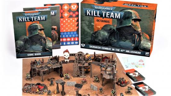 Warhammer 40k Kill Team Octarius box set photo showing the box, books, materials, and miniatures