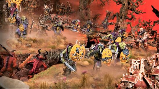 Warhammer Age of Sigmar Kruleboyz Orruk Warclans battletome rules reveal Warhammer Community photo showing Big Yellers Gutrippaz models