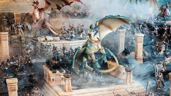 Age of Sigmar Stormcast Eternals Draconith positioned among miniatures and terrain